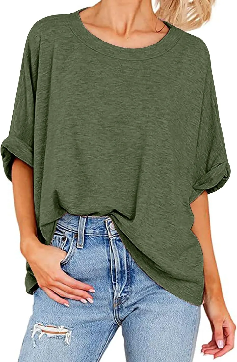 JOAU Women's Oversized T-Shirt Summer Casual Loose Fit Rolled Short Sleeve Round Neck Basic Tops Workout Gym Tee Shirts