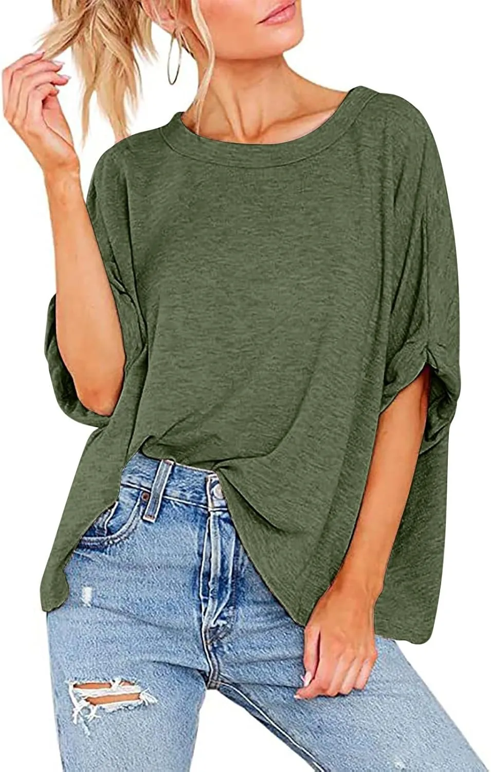 JOAU Women's Oversized T-Shirt Summer Casual Loose Fit Rolled Short Sleeve Round Neck Basic Tops Workout Gym Tee Shirts
