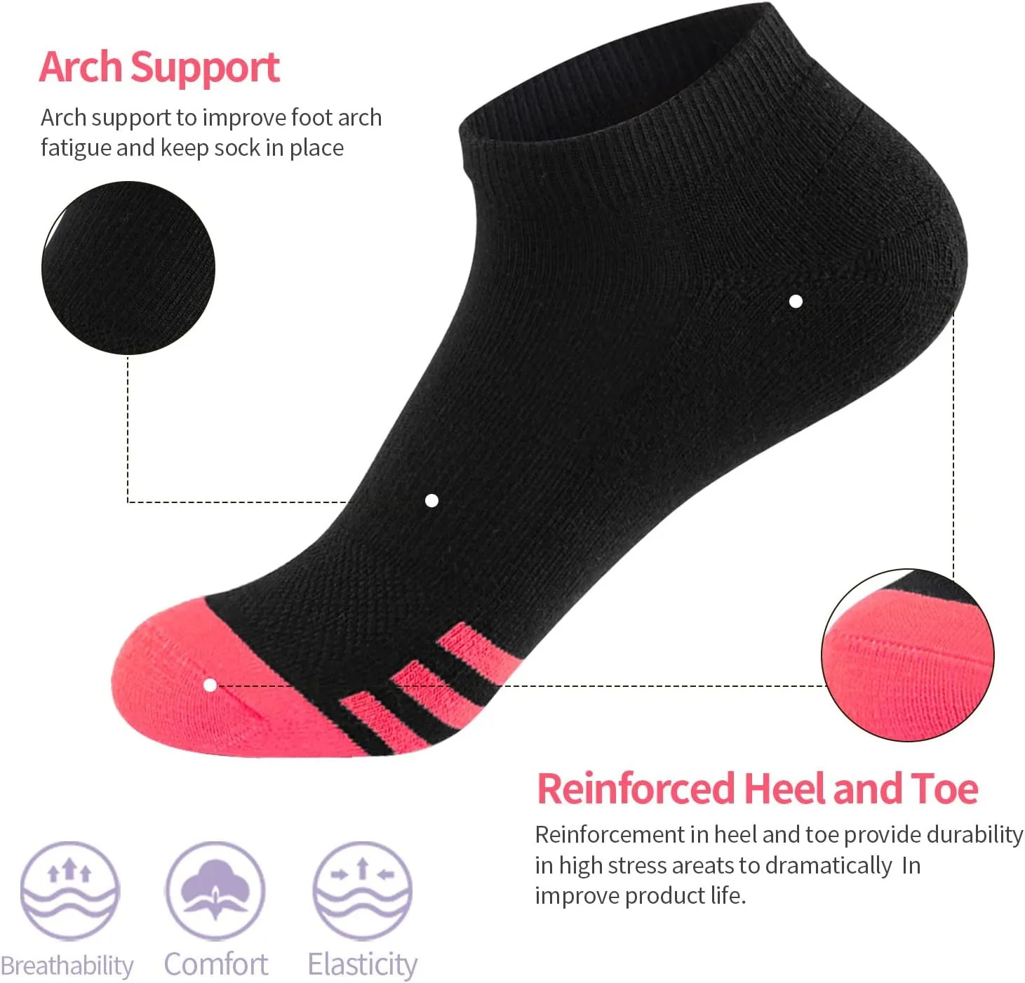 JOYNÉE Womens Athletic Ankle Sports Running Low Cut Tab Cushioned Socks 6 Pack
