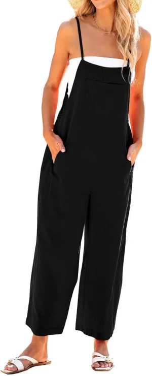 jsaierl Women Linen One Piece Jumpsuits Summer Sleeveless Loose Fit Overalls Spaghetti Strap Harem Pants With Front Pockets