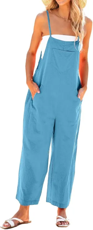 jsaierl Women Linen One Piece Jumpsuits Summer Sleeveless Loose Fit Overalls Spaghetti Strap Harem Pants With Front Pockets