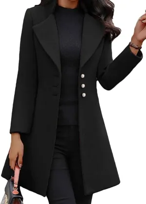 KELYWELL Women's Breasted Mid-Long Wool Blend Pea Coat Wool Blend Overcoat Winter Outwear Notch Lapel Open Front Jacket