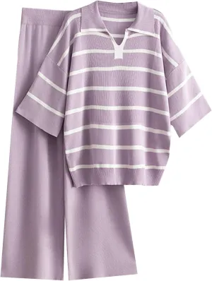 Knit Sets Two Piece Women Striped Matching Sets Lounge Sweater Sets 2 Piece Casual V Neck Top and Pants Fall Outfits