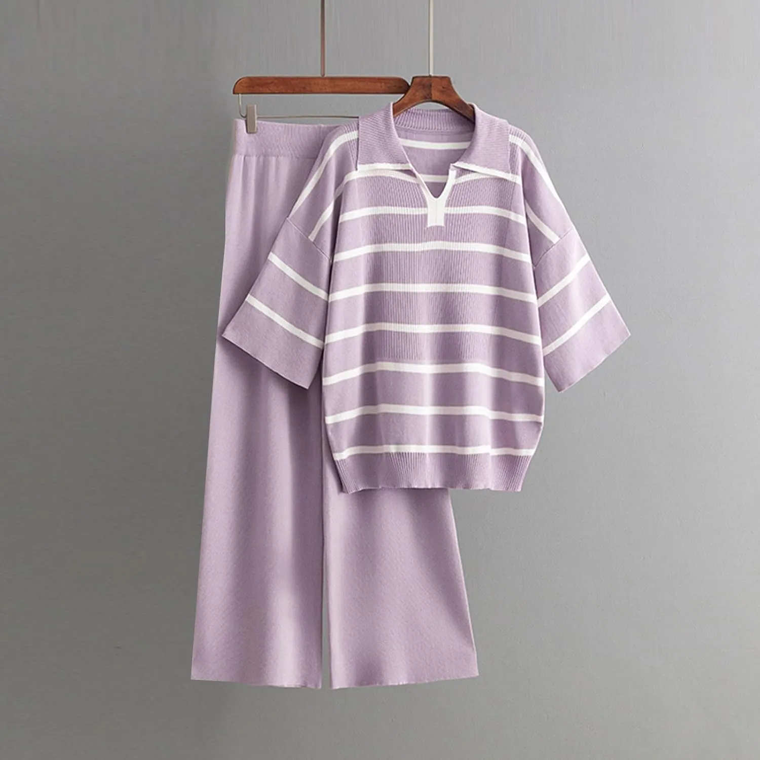 Knit Sets Two Piece Women Striped Matching Sets Lounge Sweater Sets 2 Piece Casual V Neck Top and Pants Fall Outfits
