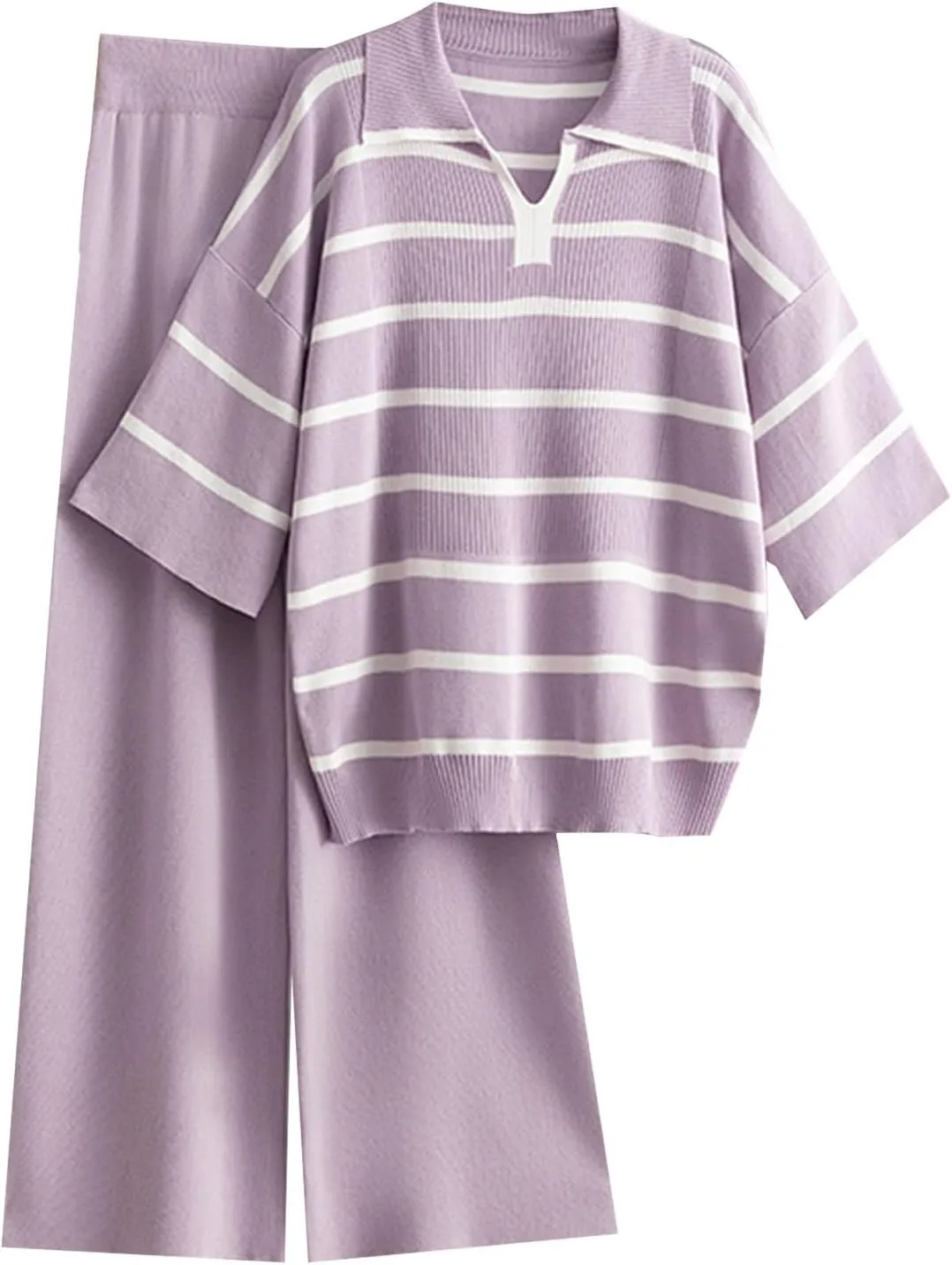 Knit Sets Two Piece Women Striped Matching Sets Lounge Sweater Sets 2 Piece Casual V Neck Top and Pants Fall Outfits