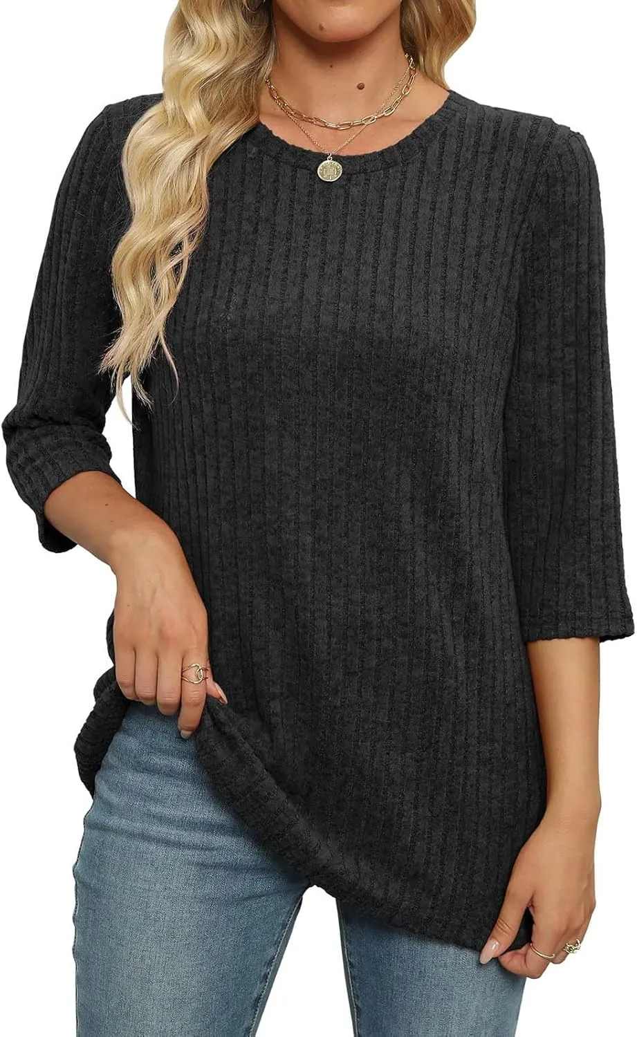 Knit Sweater Women Winter 3/4 Length Sleeve Tshirts Shirts Plus Size Ribbed Knit Sweaters Crewneck Casual Outfits