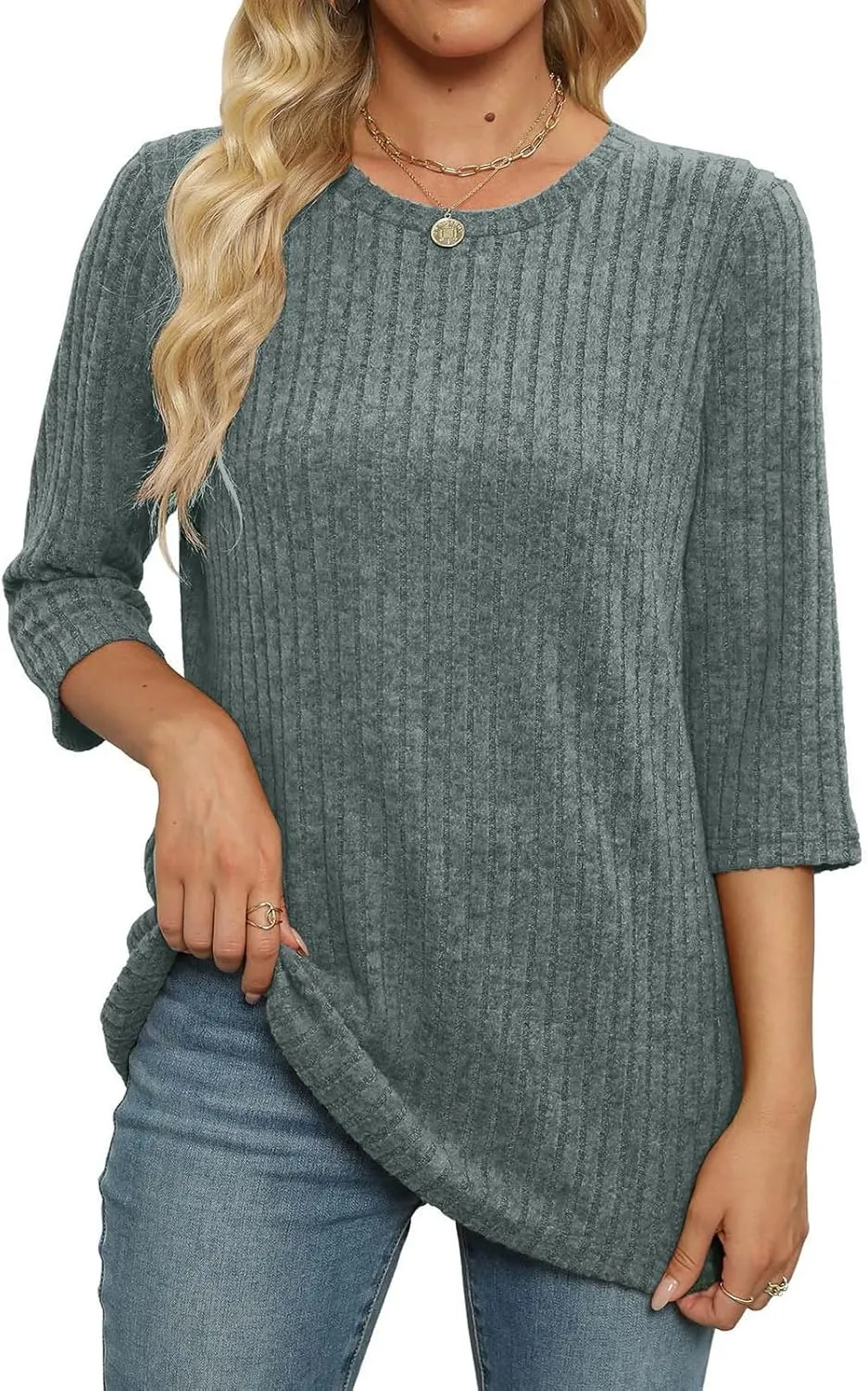 Knit Sweater Women Winter 3/4 Length Sleeve Tshirts Shirts Plus Size Ribbed Knit Sweaters Crewneck Casual Outfits