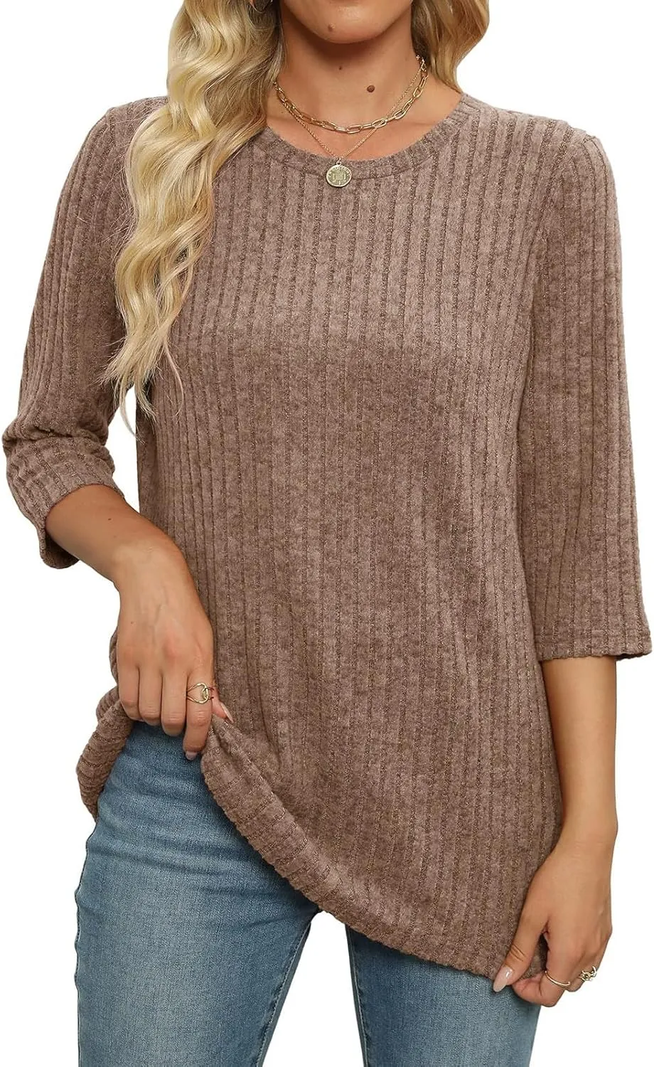 Knit Sweater Women Winter 3/4 Length Sleeve Tshirts Shirts Plus Size Ribbed Knit Sweaters Crewneck Casual Outfits