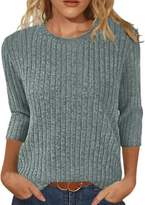 Knitted Sweater for Women Winter 3/4 Length Sleeve Shirts Plus Size Ribbed Knit Sweaters 2024 Crewneck Sweatshirts