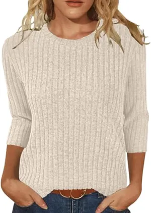 Knitted Sweater for Women Winter 3/4 Length Sleeve Shirts Plus Size Ribbed Knit Sweaters 2024 Crewneck Sweatshirts