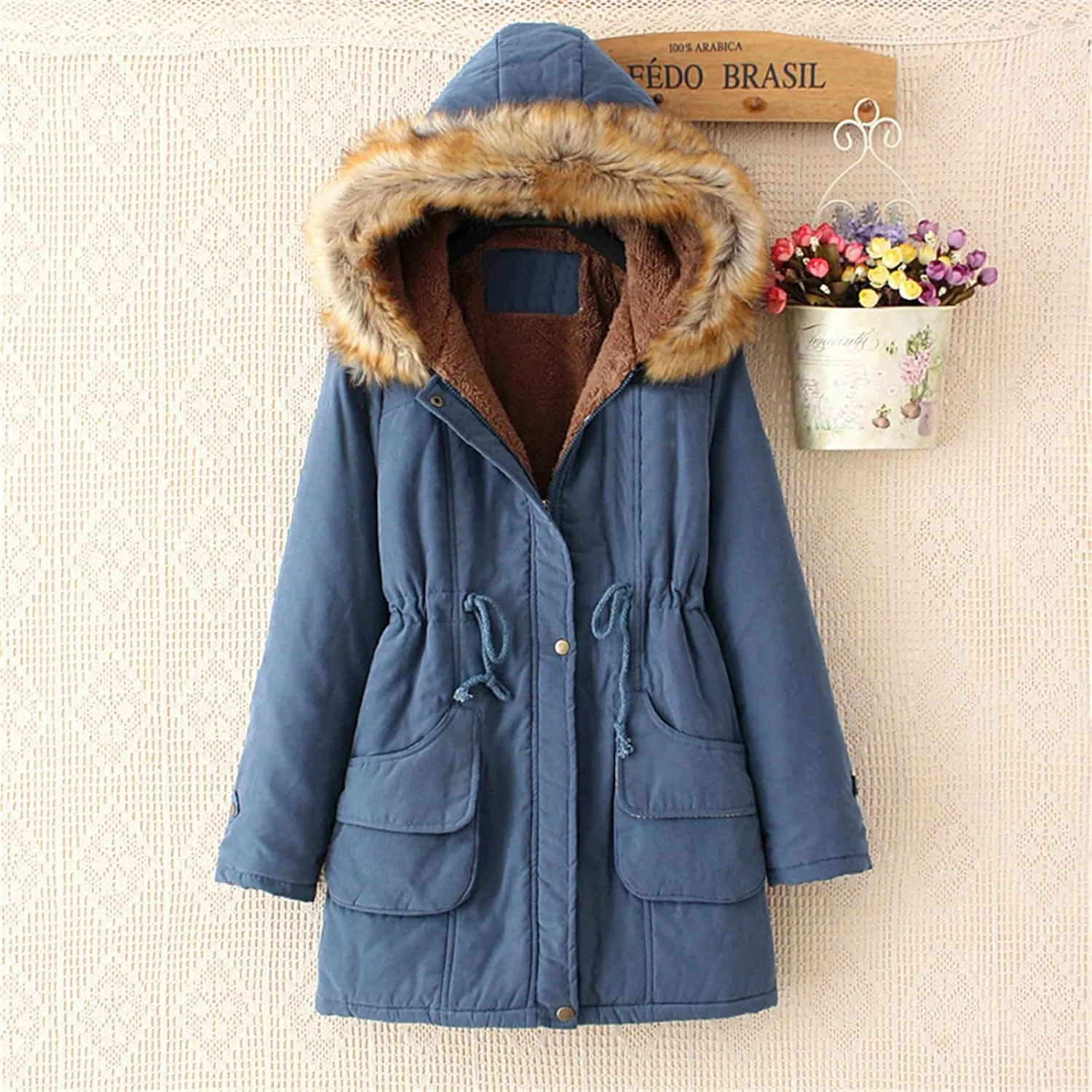 Kubbon Women's Winter Down Coat Fleece Lined Mid Length Parka Coats Long Sleeve Warm Puffer Jacket with Faux Fur Hood