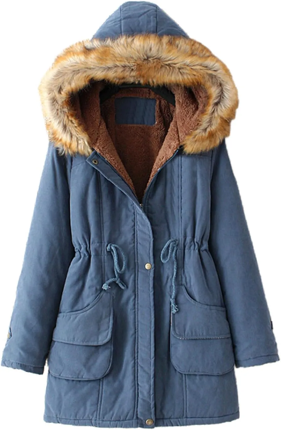 Kubbon Women's Winter Down Coat Fleece Lined Mid Length Parka Coats Long Sleeve Warm Puffer Jacket with Faux Fur Hood