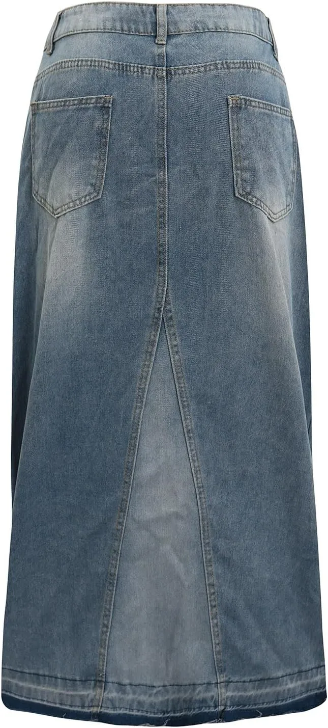 Ladies Casual High Waist Denim Maxi Skirt Slit Front Asymmetric Trim Long Denim Skirt Streetwear Mid Length Skirt