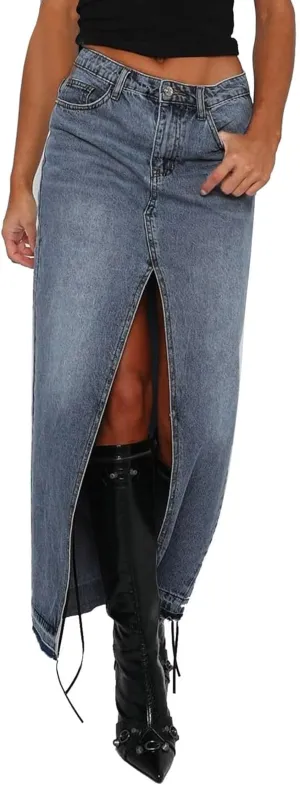 Ladies Casual High Waist Denim Maxi Skirt Slit Front Asymmetric Trim Long Denim Skirt Streetwear Mid Length Skirt