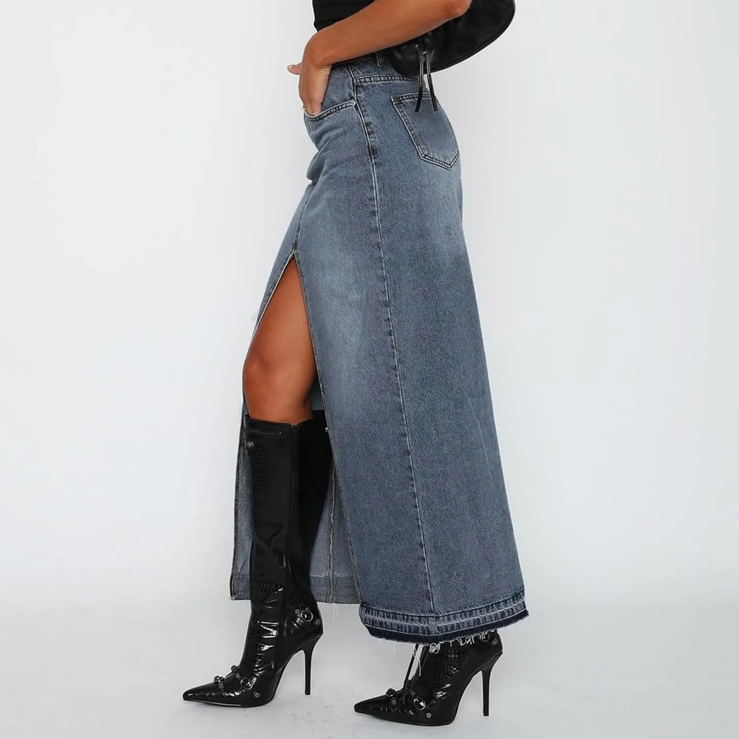 Ladies Casual High Waist Denim Maxi Skirt Slit Front Asymmetric Trim Long Denim Skirt Streetwear Mid Length Skirt