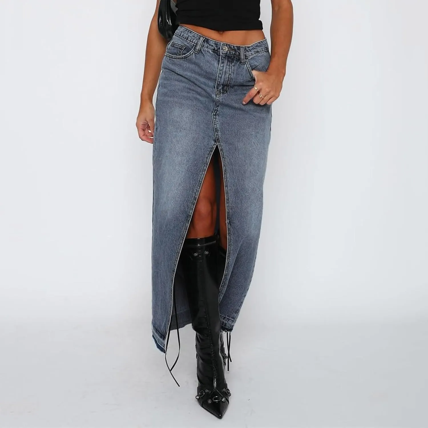 Ladies Casual High Waist Denim Maxi Skirt Slit Front Asymmetric Trim Long Denim Skirt Streetwear Mid Length Skirt