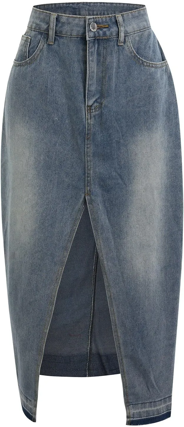 Ladies Casual High Waist Denim Maxi Skirt Slit Front Asymmetric Trim Long Denim Skirt Streetwear Mid Length Skirt