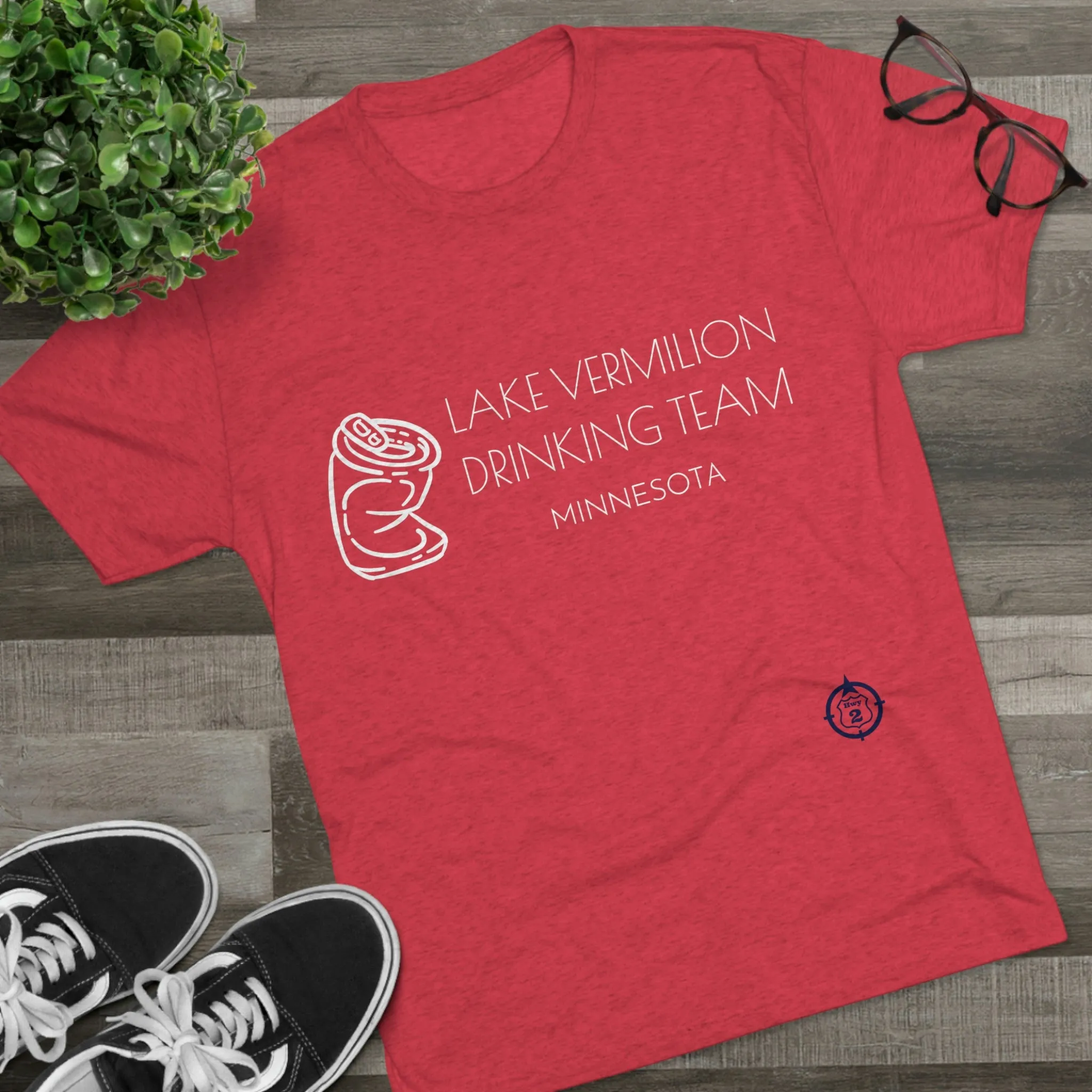 Lake Vermilion - Drinking Team - Crushed Can - White Graphic - Unisex Tri-Blend Crew Tee