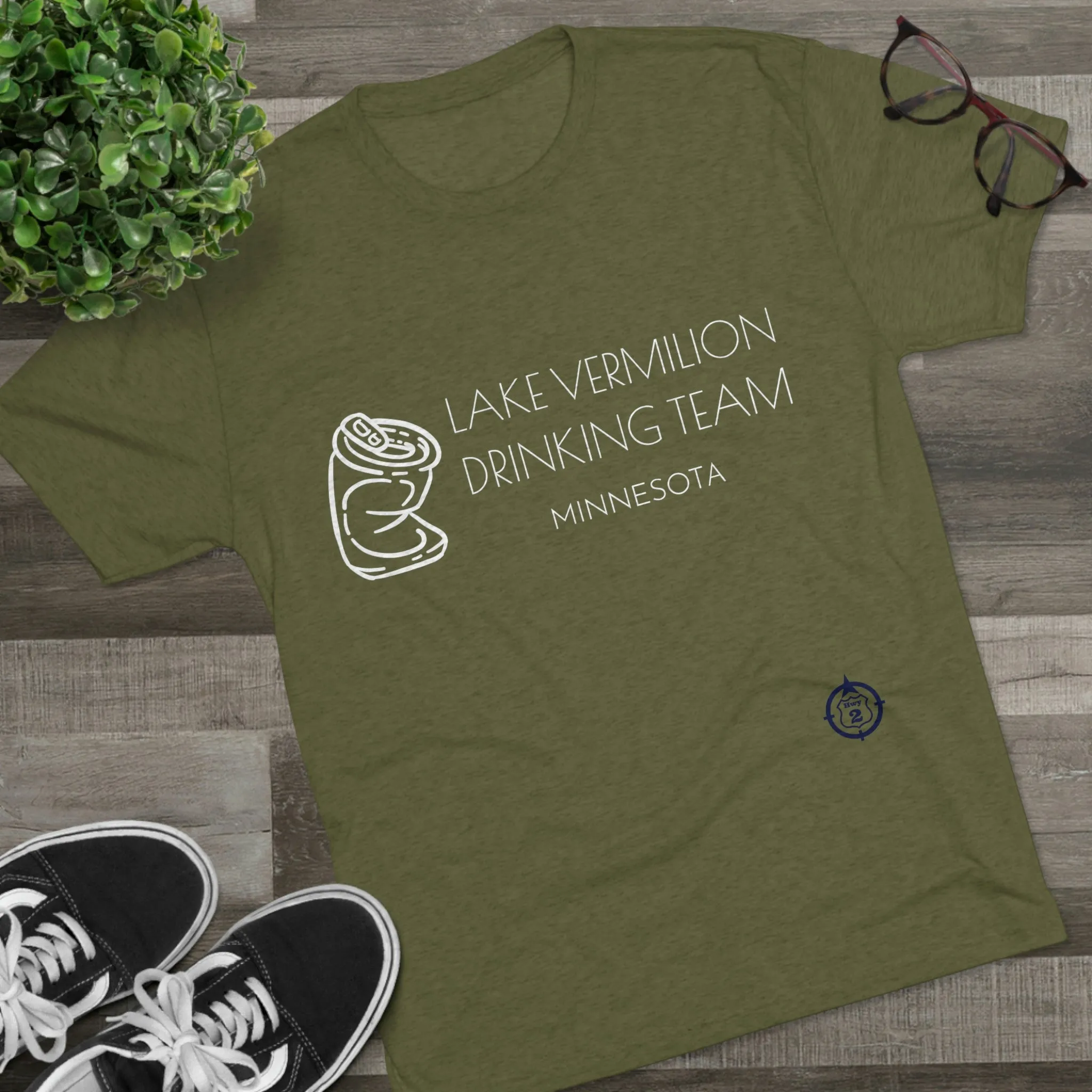 Lake Vermilion - Drinking Team - Crushed Can - White Graphic - Unisex Tri-Blend Crew Tee
