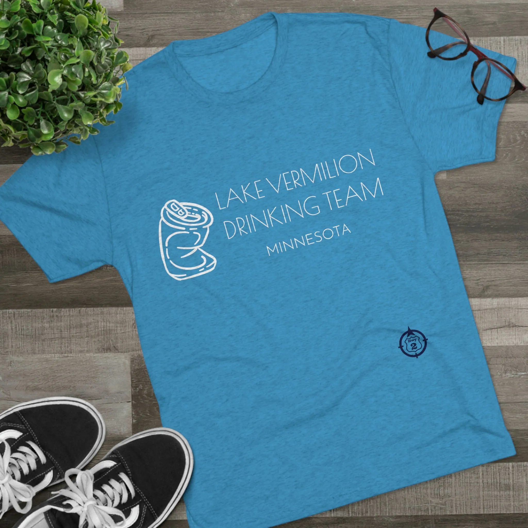 Lake Vermilion - Drinking Team - Crushed Can - White Graphic - Unisex Tri-Blend Crew Tee