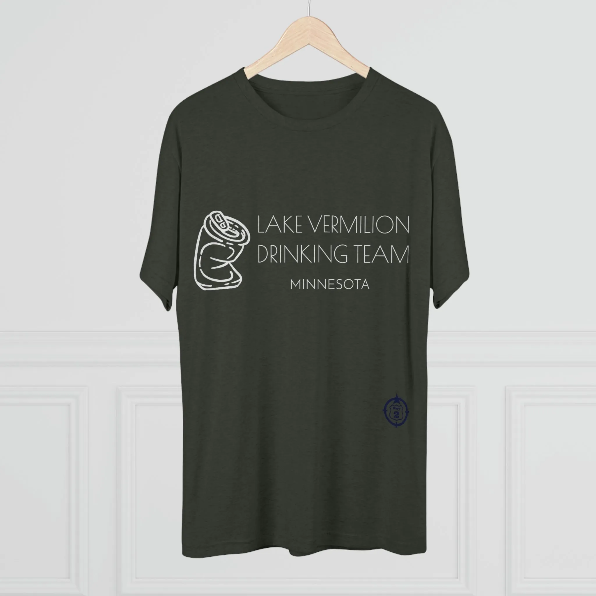 Lake Vermilion - Drinking Team - Crushed Can - White Graphic - Unisex Tri-Blend Crew Tee