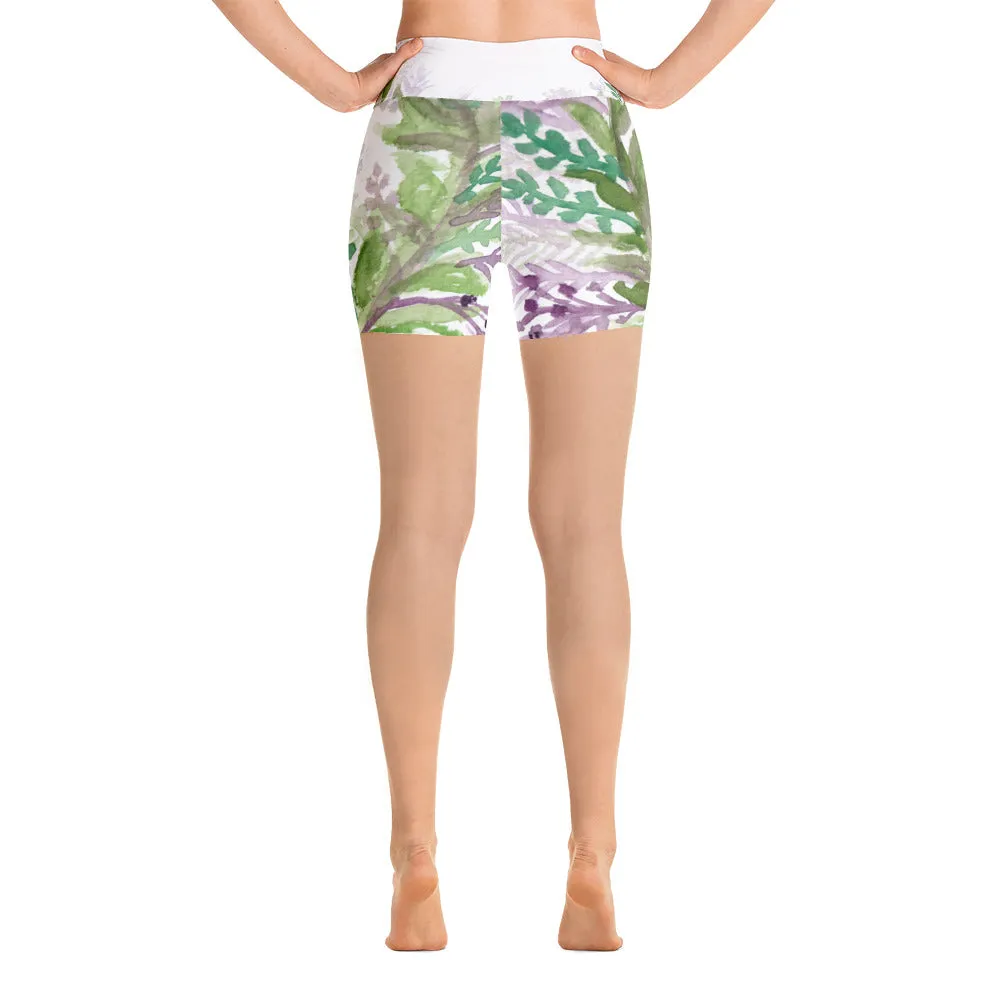 Lavender Floral Print Yoga Shorts, Purple White Green Workout Tights- Made in USA/EU