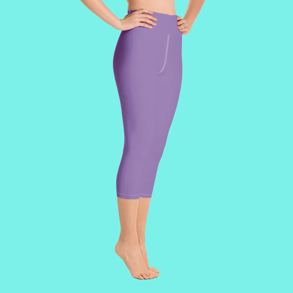 Lavender Pastel Purple Tights, Purple Solid Color Bridesmaid Print Yoga Capri Leggings-Made in USA