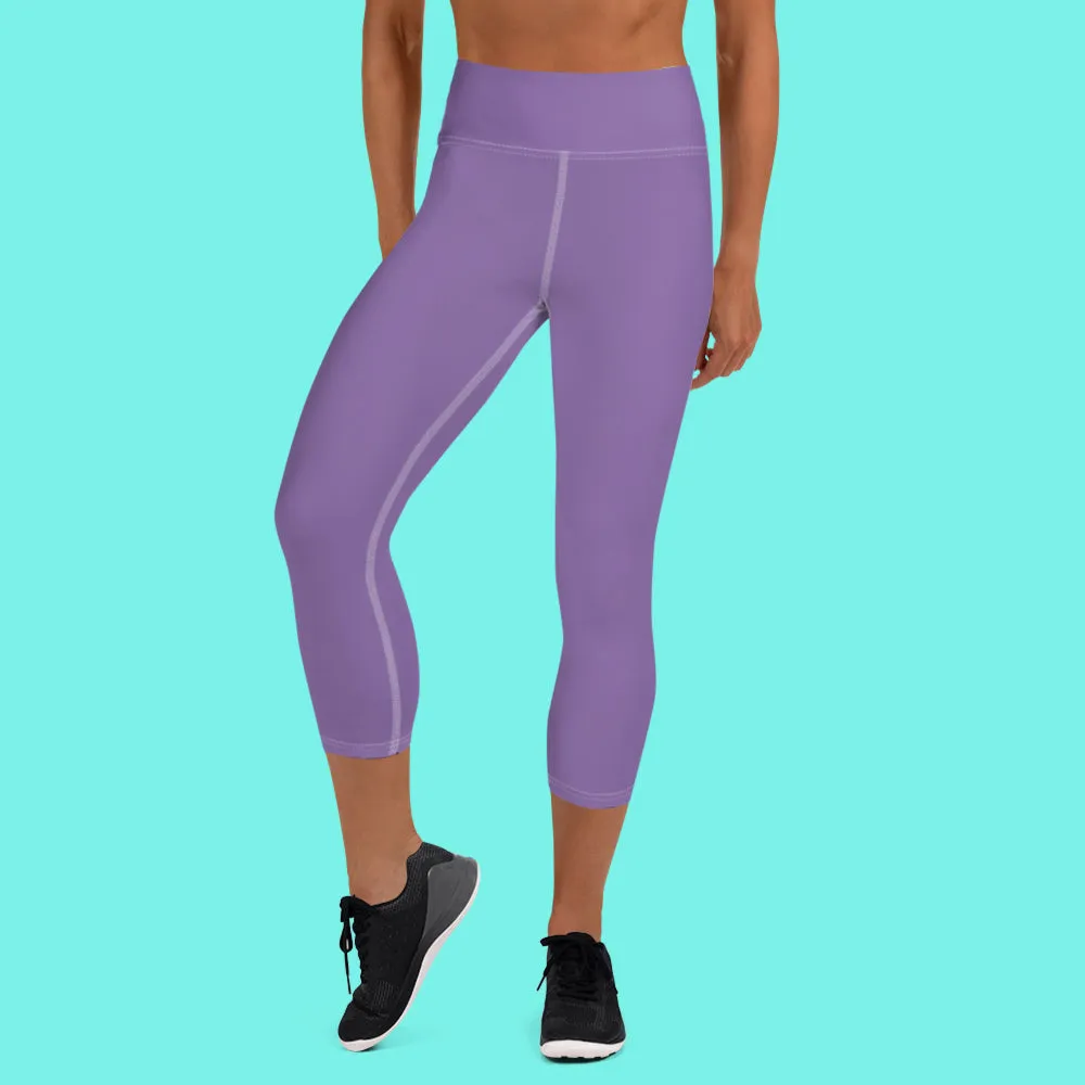 Lavender Pastel Purple Tights, Purple Solid Color Bridesmaid Print Yoga Capri Leggings-Made in USA