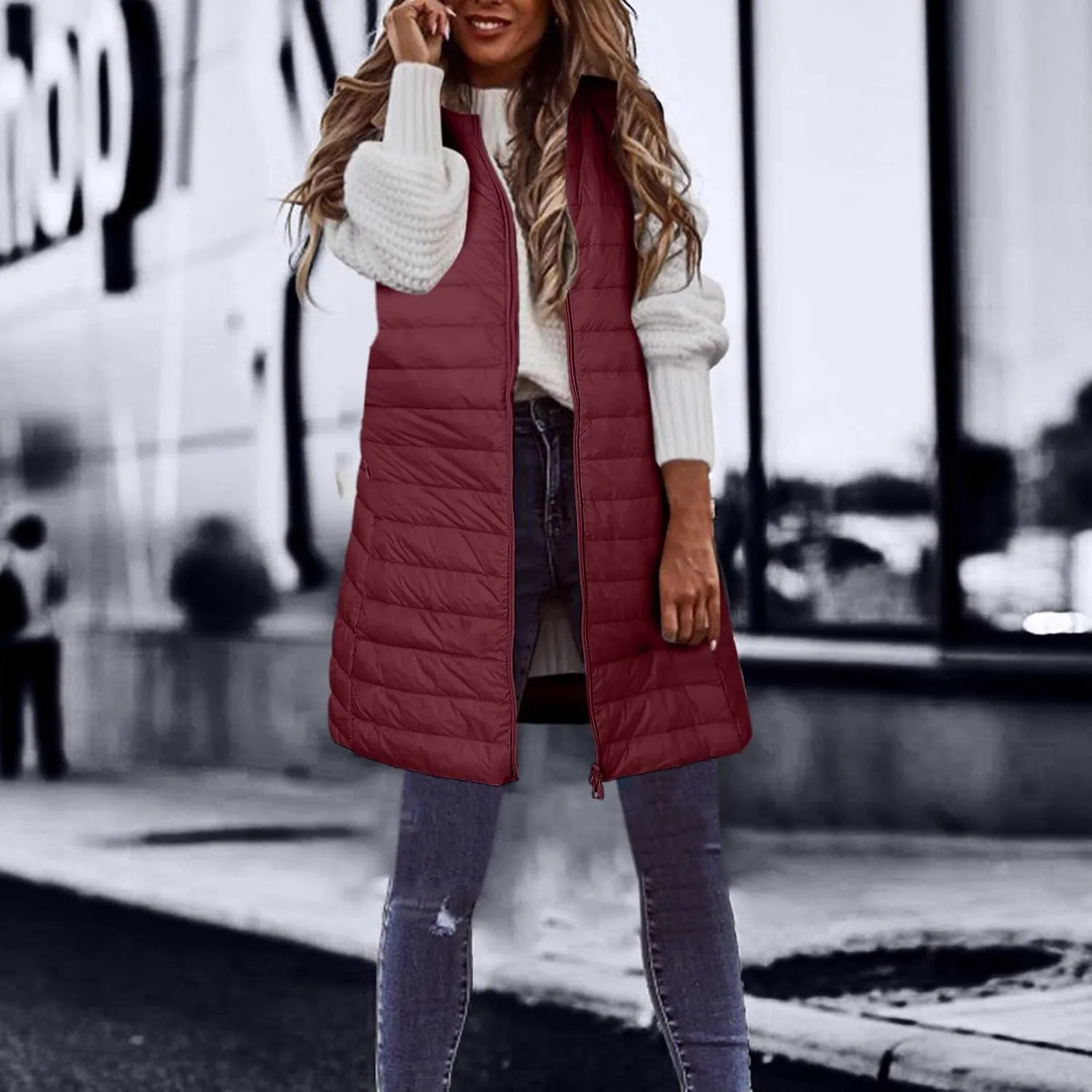 LCMTWX Red Puffer Vest Coat Vest With Hood Sleeveless Warm Down Coat With Pockets Quilted Vest Down Full-Zip Hooded Black