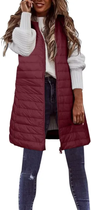 LCMTWX Red Puffer Vest Coat Vest With Hood Sleeveless Warm Down Coat With Pockets Quilted Vest Down Full-Zip Hooded Black