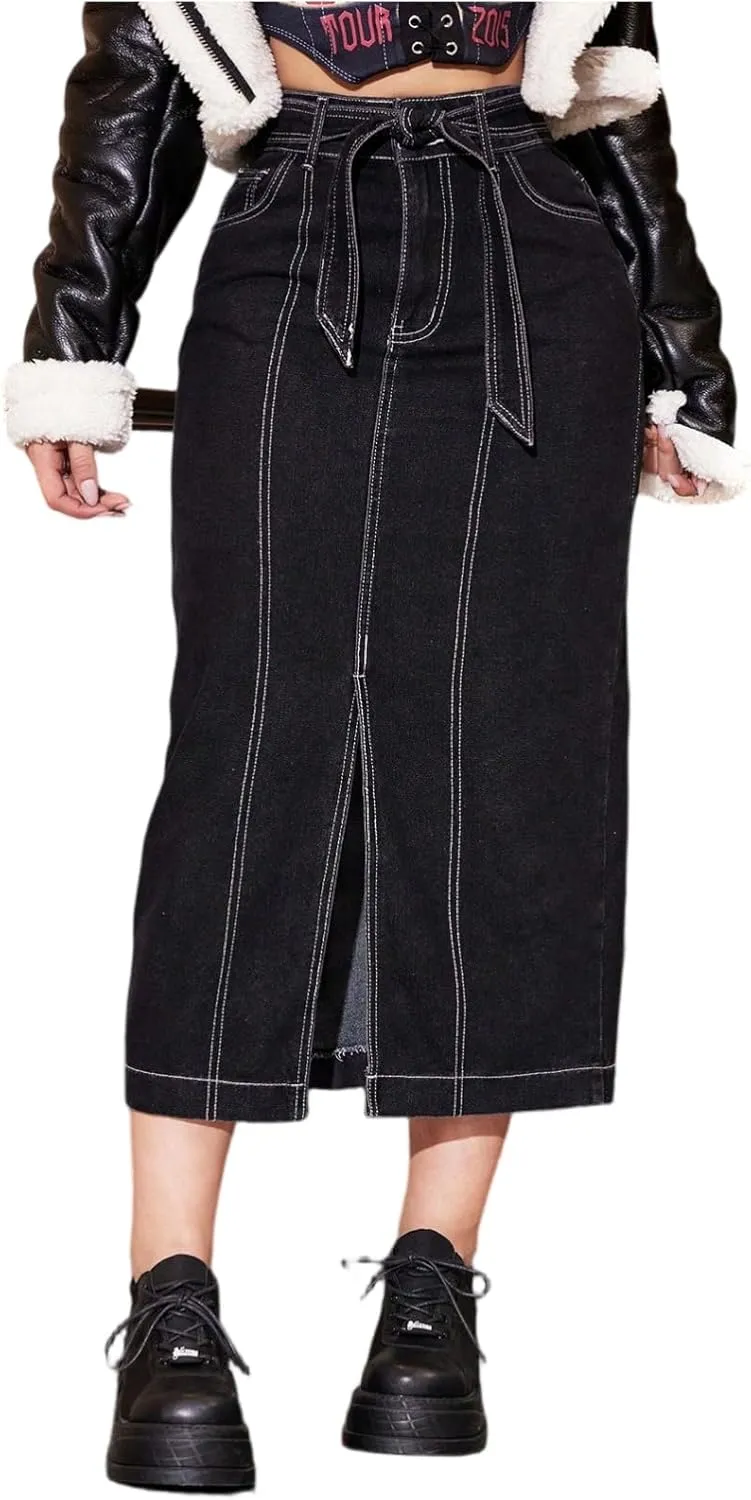 lcyhony Long Jean Skirt for Women Trendy Front Slit Tie High Waisted Denim Skirt Y2k Skinny Casual Pencil Skirts with Pockets