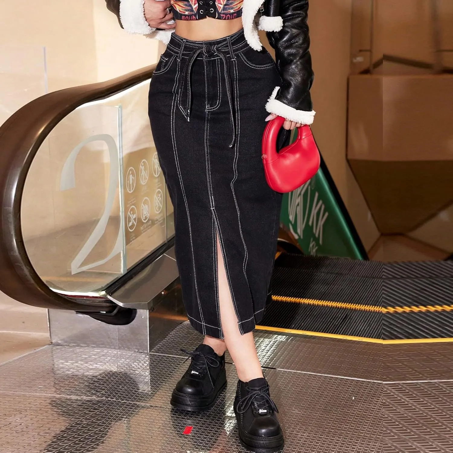 lcyhony Long Jean Skirt for Women Trendy Front Slit Tie High Waisted Denim Skirt Y2k Skinny Casual Pencil Skirts with Pockets