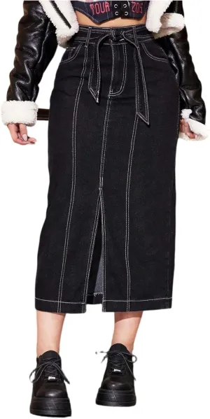 lcyhony Long Jean Skirt for Women Trendy Front Slit Tie High Waisted Denim Skirt Y2k Skinny Casual Pencil Skirts with Pockets
