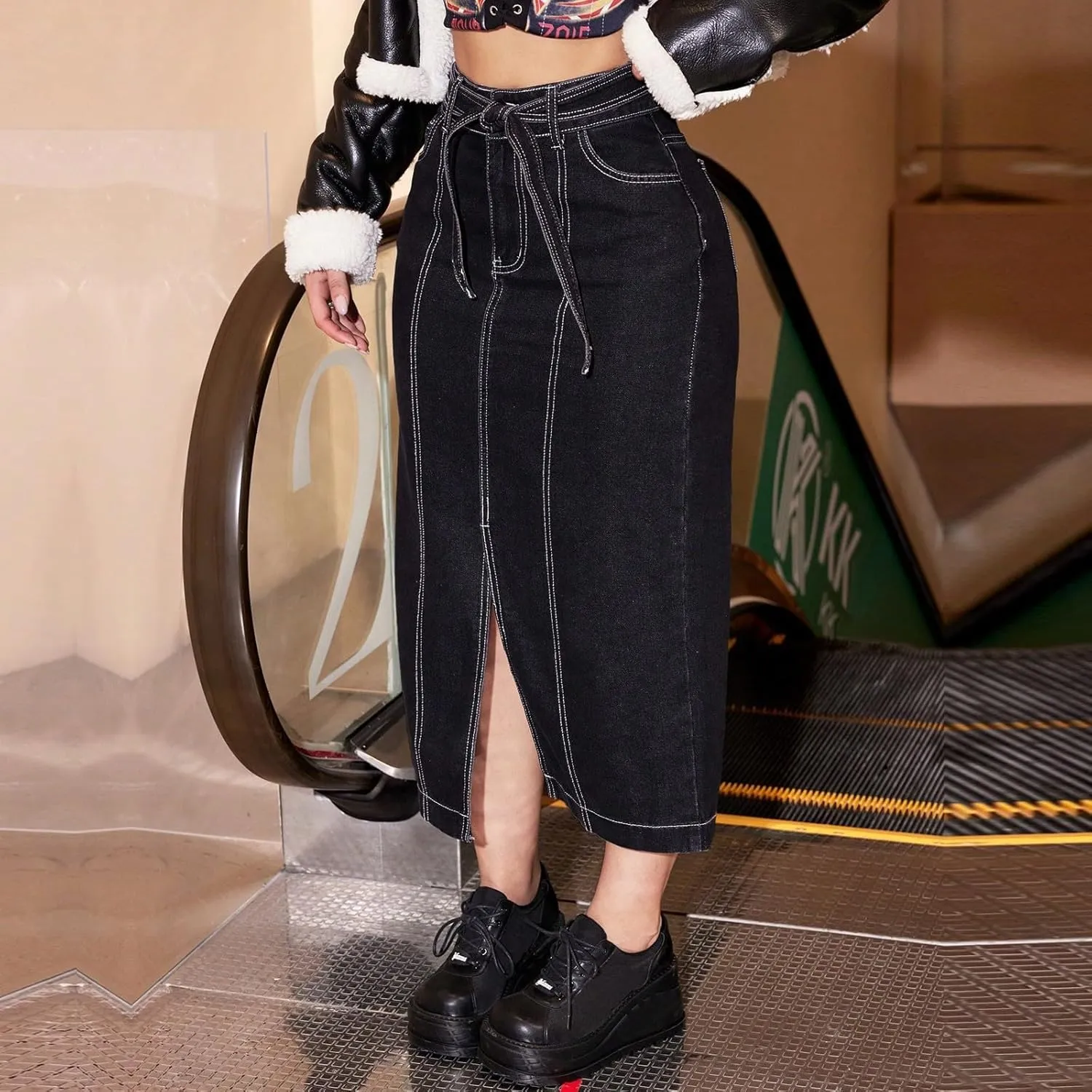 lcyhony Long Jean Skirt for Women Trendy Front Slit Tie High Waisted Denim Skirt Y2k Skinny Casual Pencil Skirts with Pockets