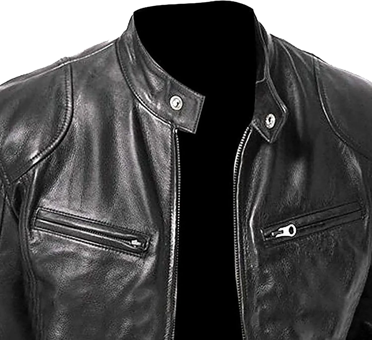 Leather Jacket Men Big And Tall Large Zip Up Stand Collar Jackets Faux Leather Motocycle Coats Stylish Outwear Pocket