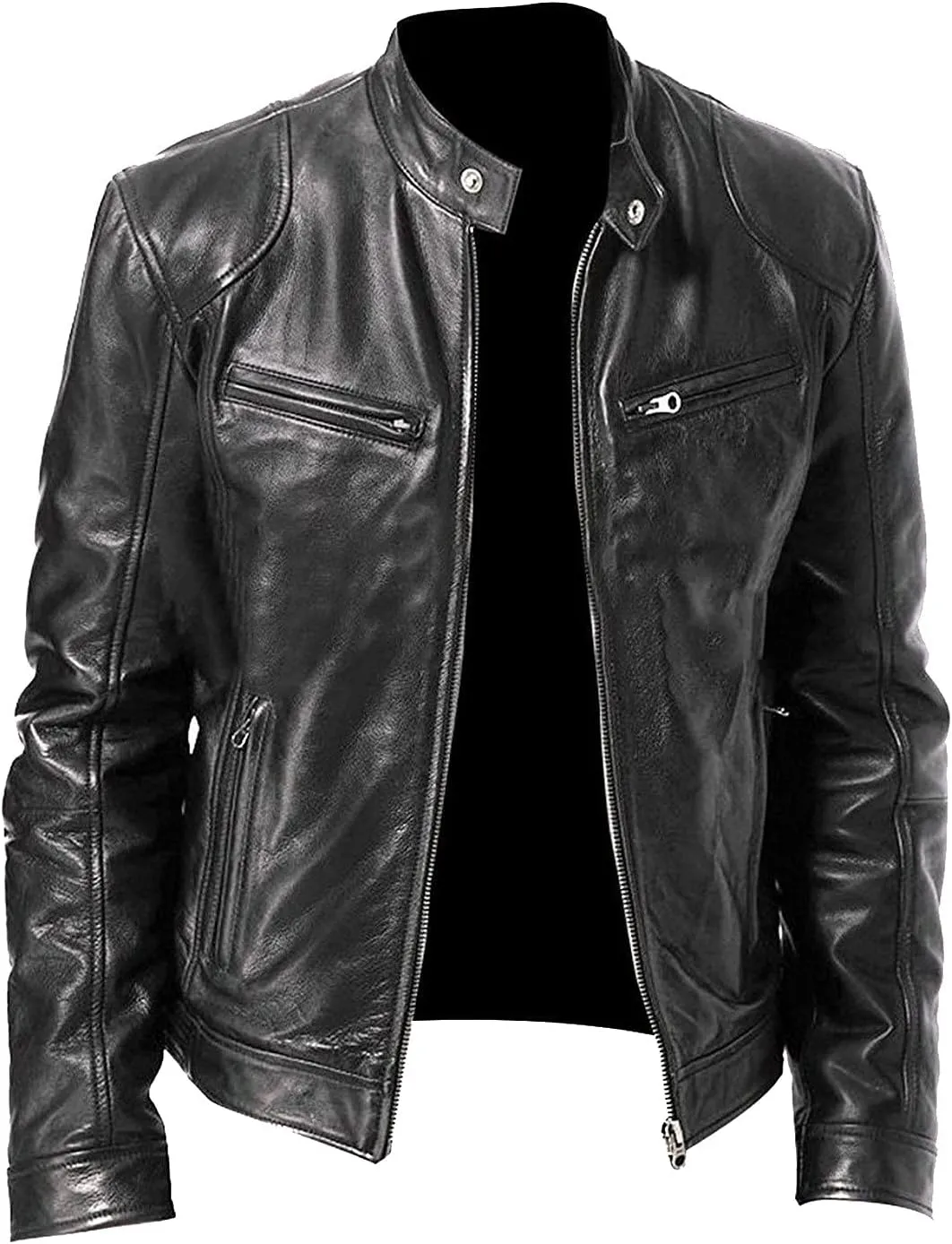 Leather Jacket Men Big And Tall Large Zip Up Stand Collar Jackets Faux Leather Motocycle Coats Stylish Outwear Pocket