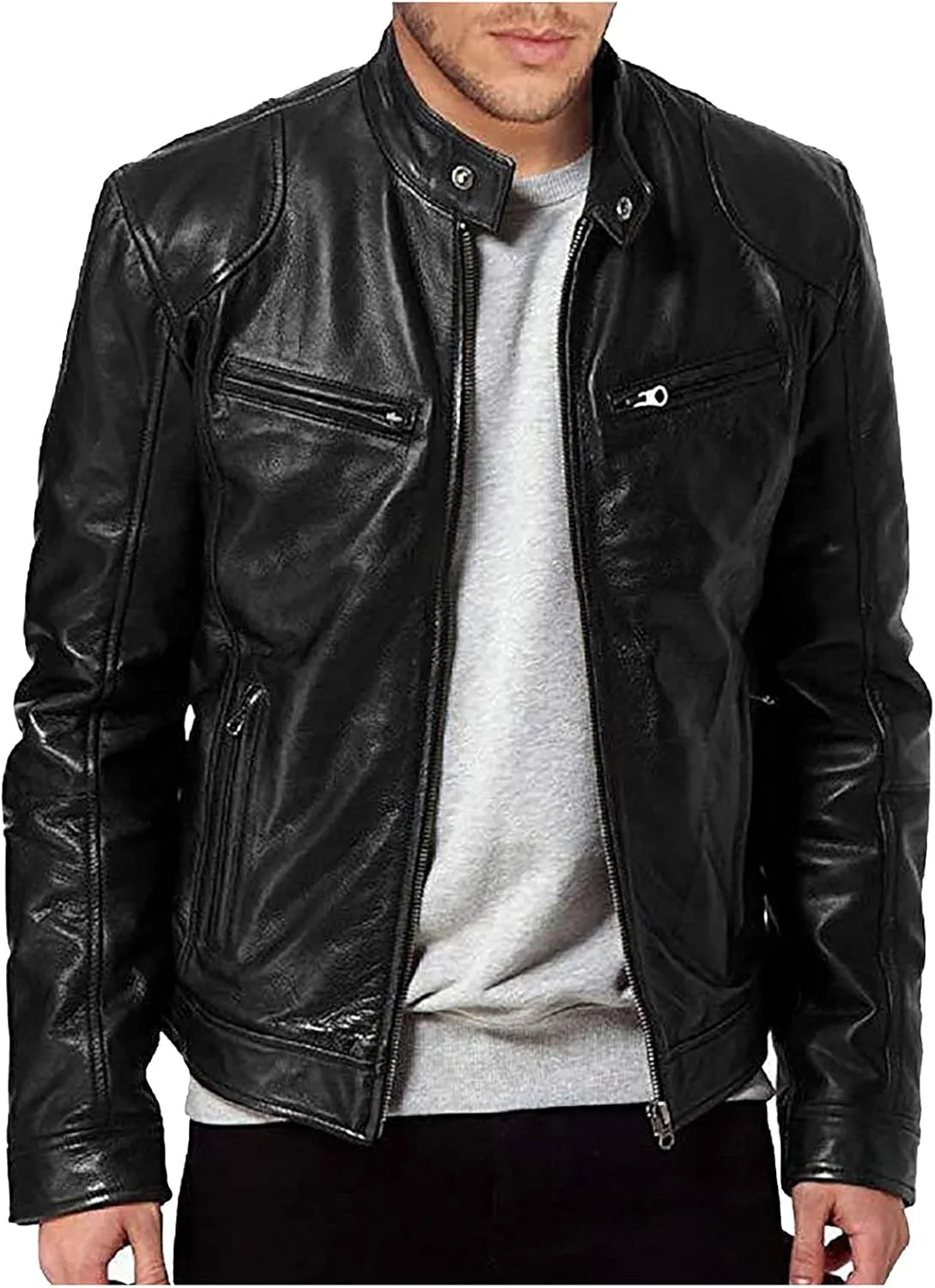 Leather Jacket Men Big And Tall Large Zip Up Stand Collar Jackets Faux Leather Motocycle Coats Stylish Outwear Pocket