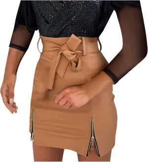 Leather Mini Skirts for Women Solid Color Sexy Zipper Up Bow High Waisted Skirt Classic High Waisted Skirt