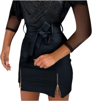 Leather Mini Skirts for Women Solid Color Sexy Zipper Up Bow High Waisted Skirt Classic High Waisted Skirt