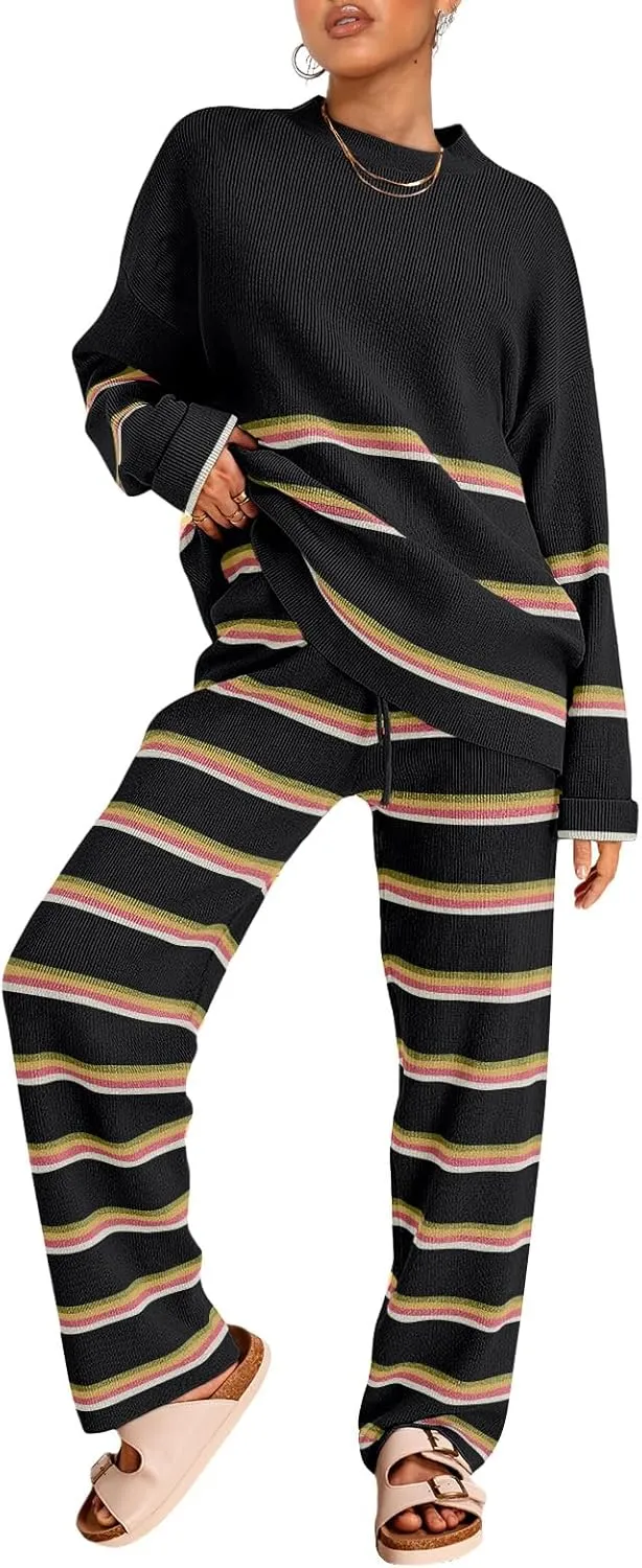 LILLUSORY 2 Piece Sets for Women 2025 Two Piece Lounge Sets Fall Fashion Oversized Striped Knit Sweaters Outfits Clothes
