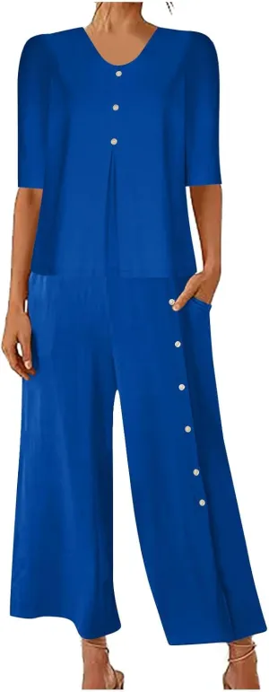 Linen 2 Piece Sets For Women Summer 2025 Loose Half Sleeve Shirts Wide Leg Pant Matching Set Plus Size Vacation Outfit