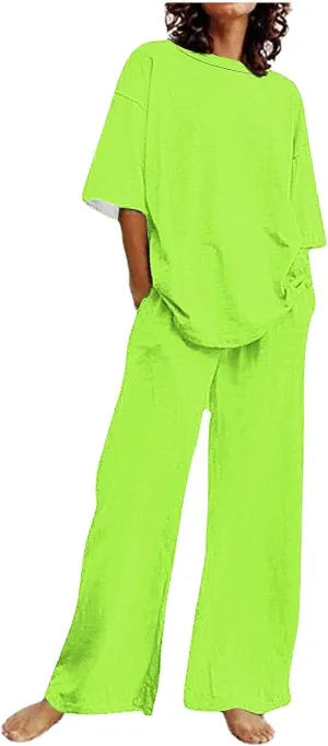 Linen 2 Piece Sets for Women Summer Plus Size Short Sleeve Lounge Tops and Matching Straight Pants with Pockets Outfit