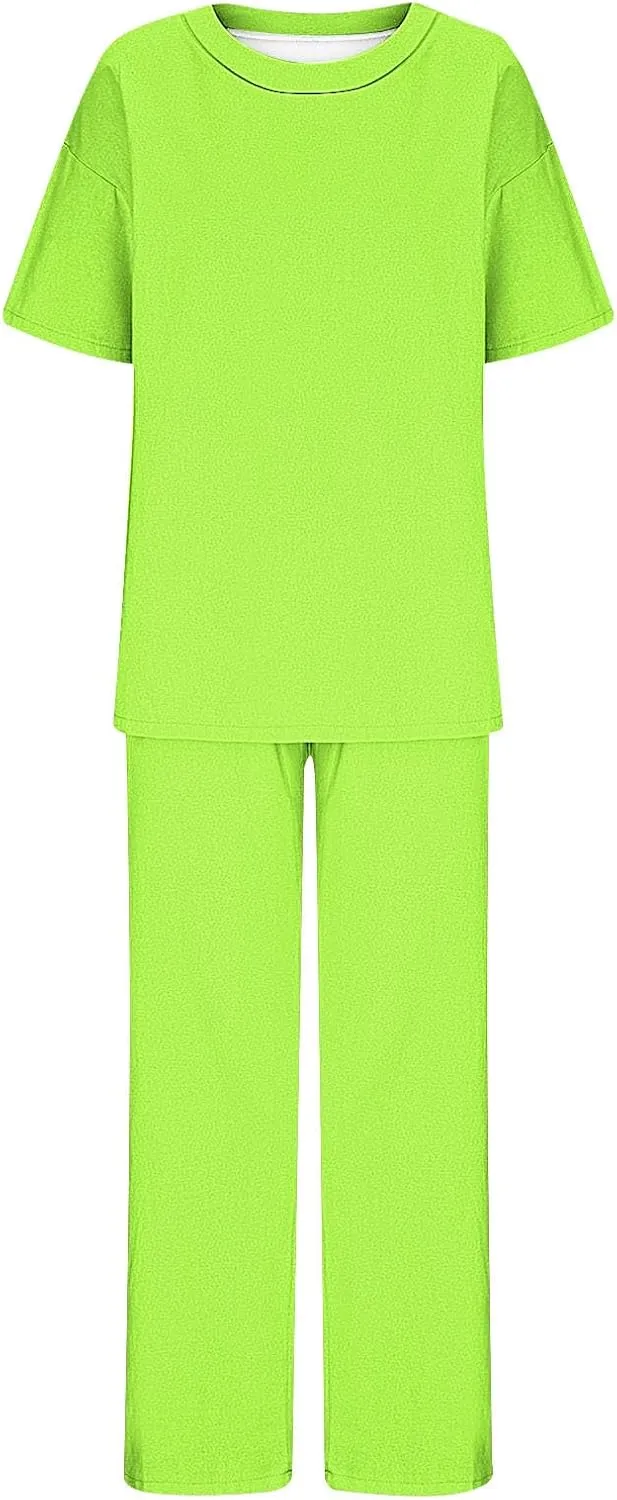 Linen 2 Piece Sets for Women Summer Plus Size Short Sleeve Lounge Tops and Matching Straight Pants with Pockets Outfit