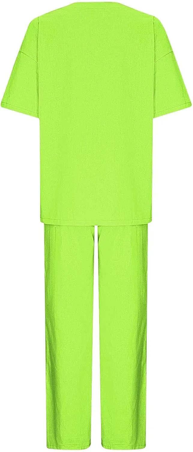 Linen 2 Piece Sets for Women Summer Plus Size Short Sleeve Lounge Tops and Matching Straight Pants with Pockets Outfit