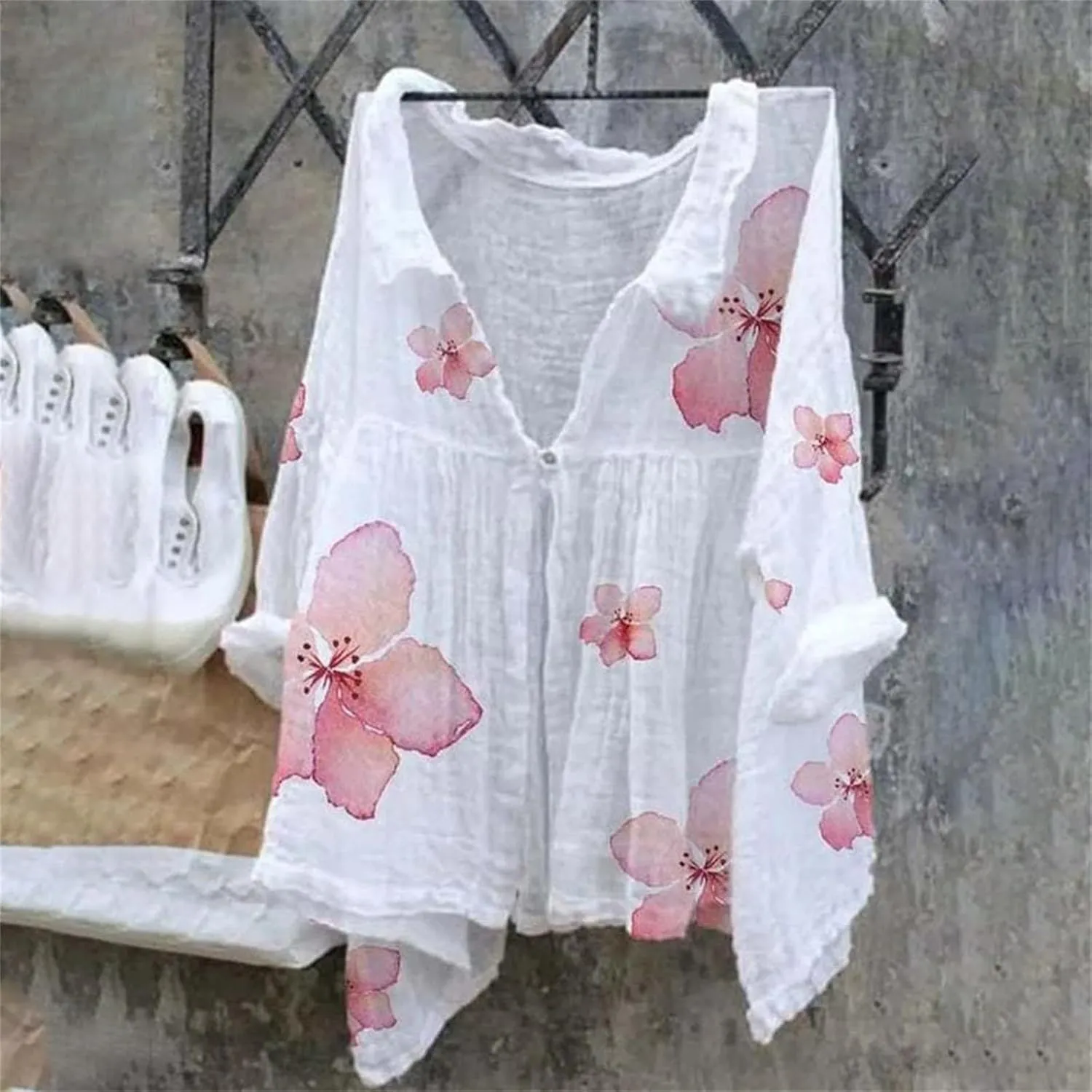 Linen Button Down Shirt Women Half Sleeve Floral Printed Shirts Casual Collared Shirt Loose Fit Blouses Summer Tops