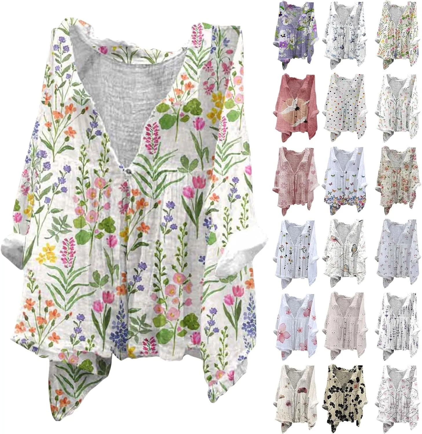 Linen Button Down Shirt Women Half Sleeve Floral Printed Shirts Casual Collared Shirt Loose Fit Blouses Summer Tops