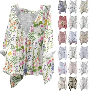 Linen Button Down Shirt Women Half Sleeve Floral Printed Shirts Casual Collared Shirt Loose Fit Blouses Summer Tops