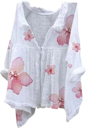 Linen Button Down Shirt Women Half Sleeve Floral Printed Shirts Casual Collared Shirt Loose Fit Blouses Summer Tops