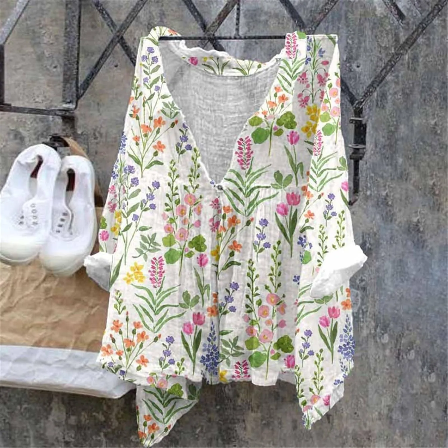 Linen Button Down Shirt Women Half Sleeve Floral Printed Shirts Casual Collared Shirt Loose Fit Blouses Summer Tops