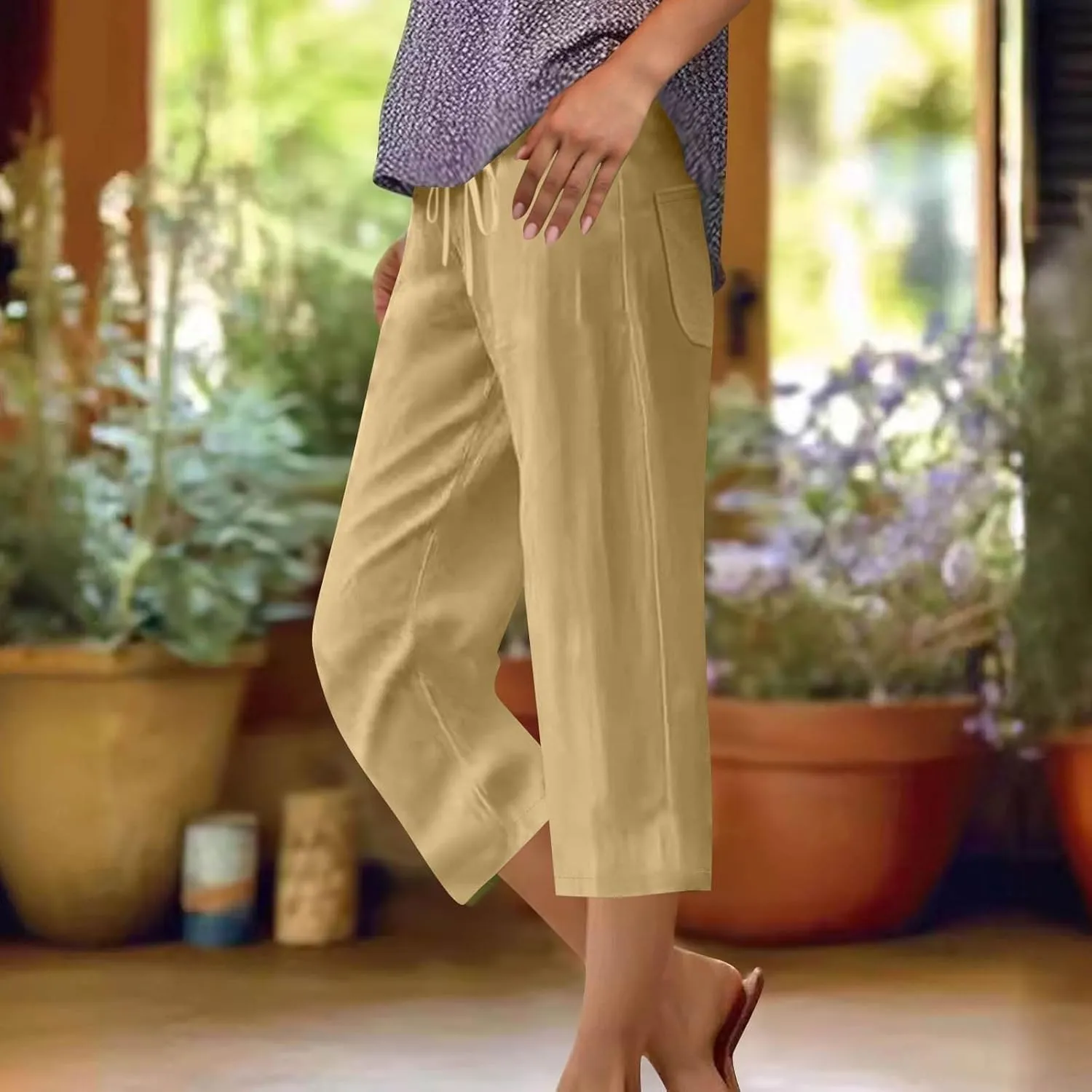 Linen Capri Pants for Women 2025 Casual Summer Drawstring High Waist Lightweight Wide Leg Cropped Trousers with Pocket
